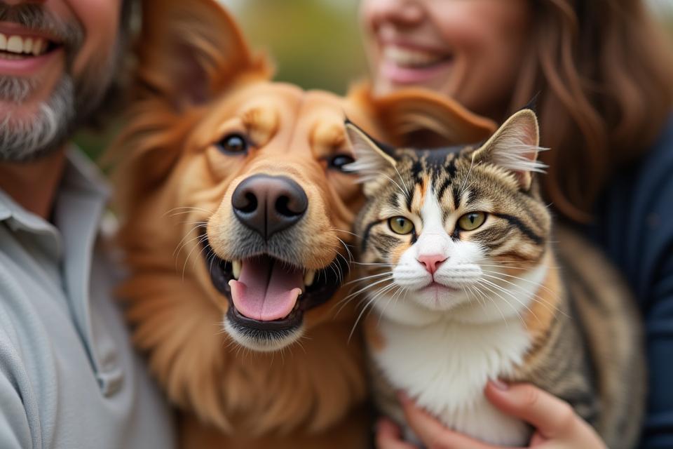 Happy dog and cat with their owner